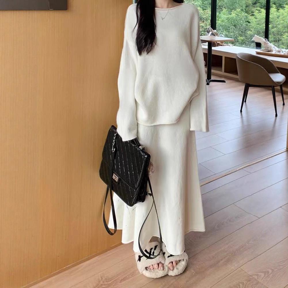 European and American Cross-border New Solid Color One-word Collar Loose Lazy Style Pullover Knitted Half-body Pleated Skirt Two-piece Set