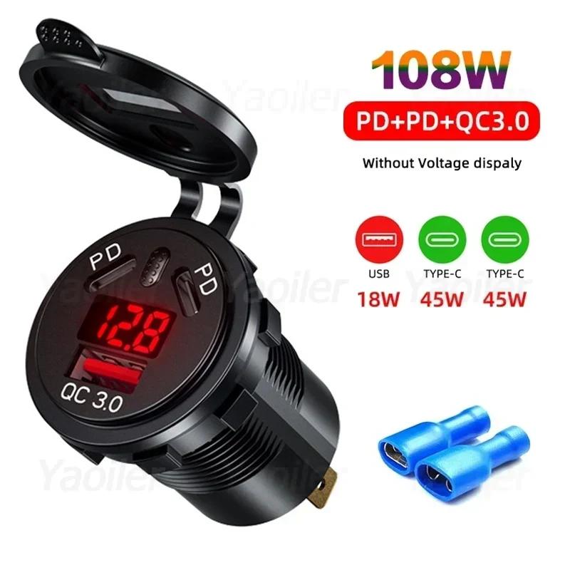 Kewig 108W USB Car Charger Socket Dual PD Type C QC 3.0 with Voltmeter Power Switch Fast Charging for 12-24V Car Boat Motorcycle