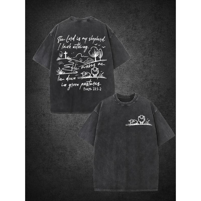 

The Lord Is My Shepherd Men s Washed Short Sleeve T-Shirt Top | Solid Color, Double-sided Printed Pattern, Vintage Street Style, Crew Neck S чёрный