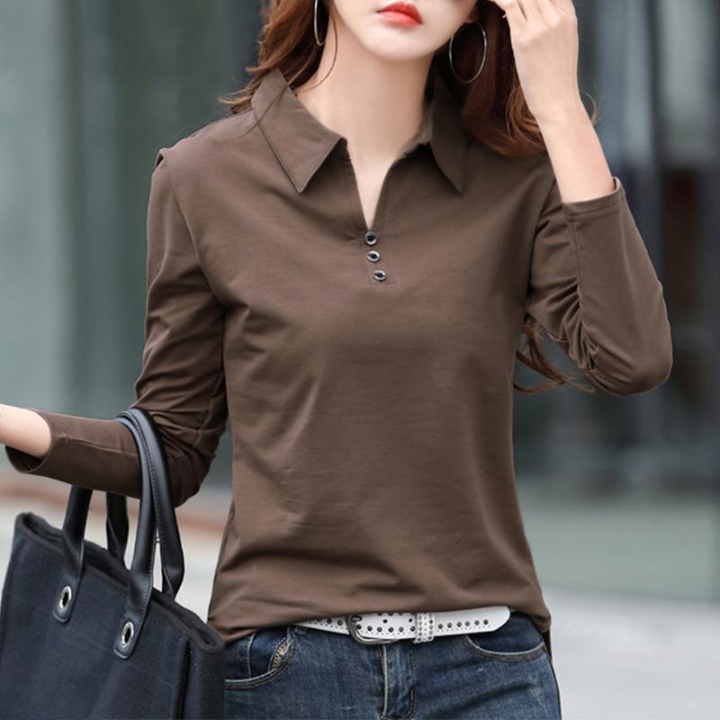 T-Shirt Büro Frau Frühling Casual Langarm Revers T-Shirt Herbst Lose Koreanischen Stil Plus Größe Weibliche Shirts