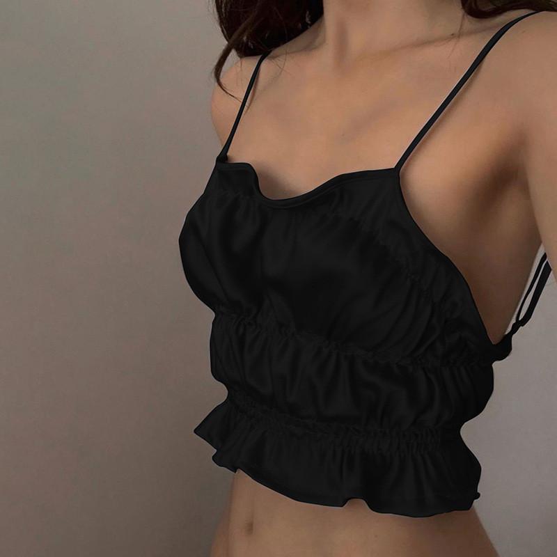 Summer Women Sexy Sling Straps Camisoles Ruched Ruffle Satin Streetwear Strapless Vest Crop tops Solid Slim Backless Club Camis
