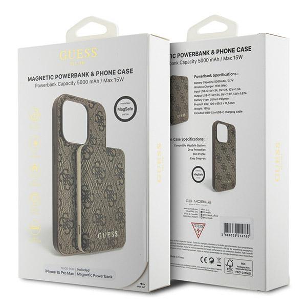 Guess GUBPM5P15X4GEMGW iPhone15 Pro Max 6.7" hardcase + Powerbank 5000mAh MagSafe brown/brown 4G Metal Logo