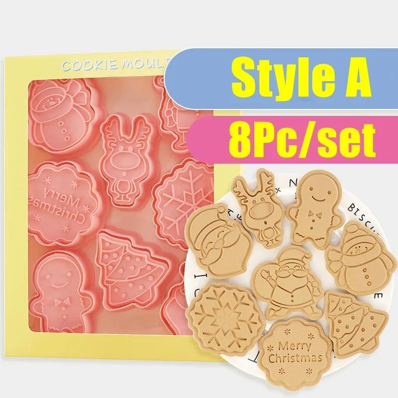 8pcs/Set Christmas Biscuit Mould Cookie Cutter 3D Cartoon Biscuits Mold Plastic Baking Cookie Stamp Cookie Decorating Tools
