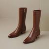 Krazing Pot Cow Leather Winter Pointed Toe Thick Med Heels Western Boots Women Zipper Retro Vintage Mid-calf Boots