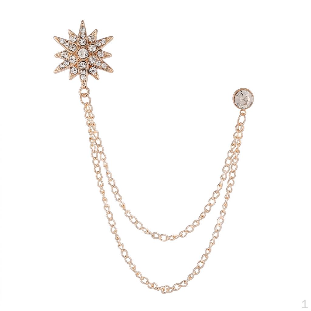 Star Lapel Pin Brooch with Tassel Chain, Rhinestone Embellished for Men s Suits, Alloy