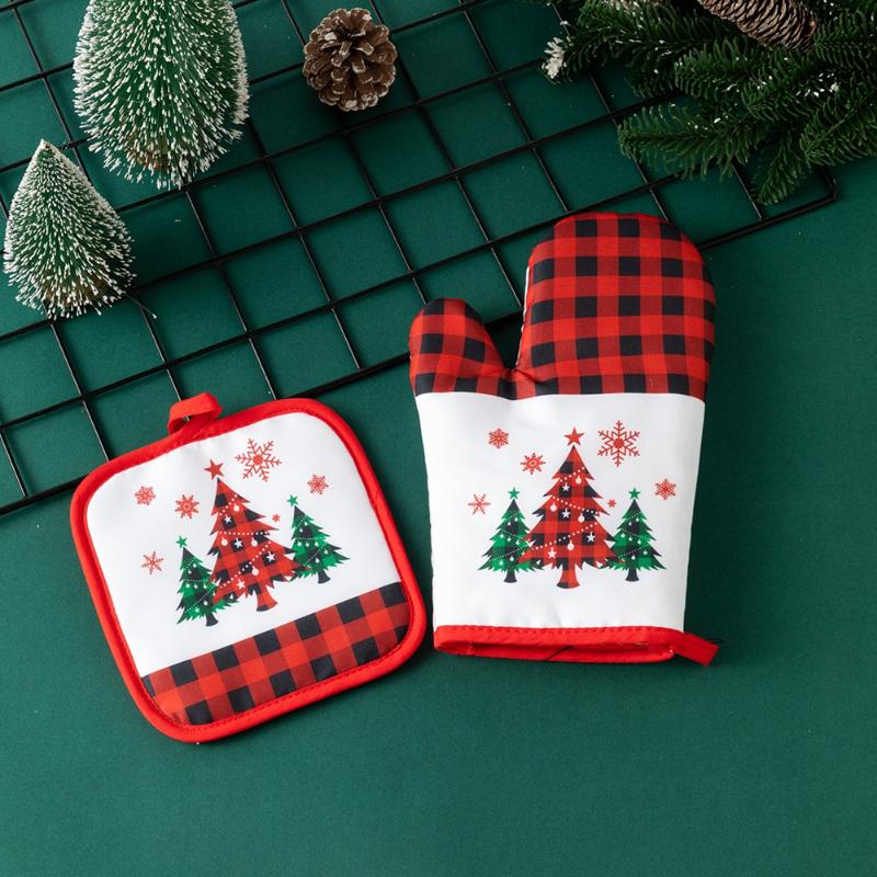 2PCS Christmas Oven Mitts and Pot Holders Set Heat Resistant Microwave Oven Gloves and Potholder for Kitchen Cooking Baking