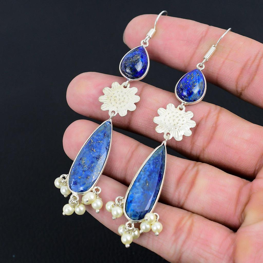 Natural Lapis Lazuli Gemstone 925 Sterling Silver Drop/Dangle Earrings For Women