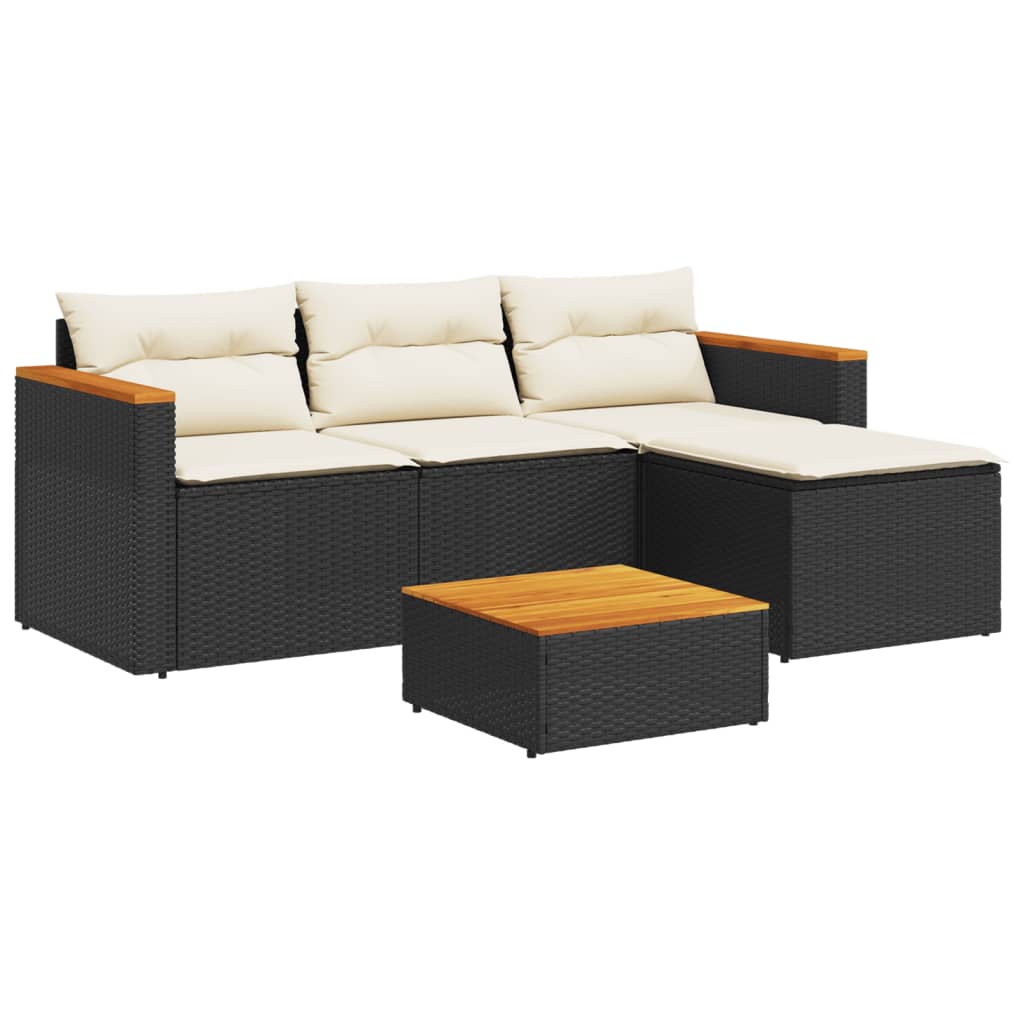 5 piece garden sofa set with cushions black poly rattan & acacia