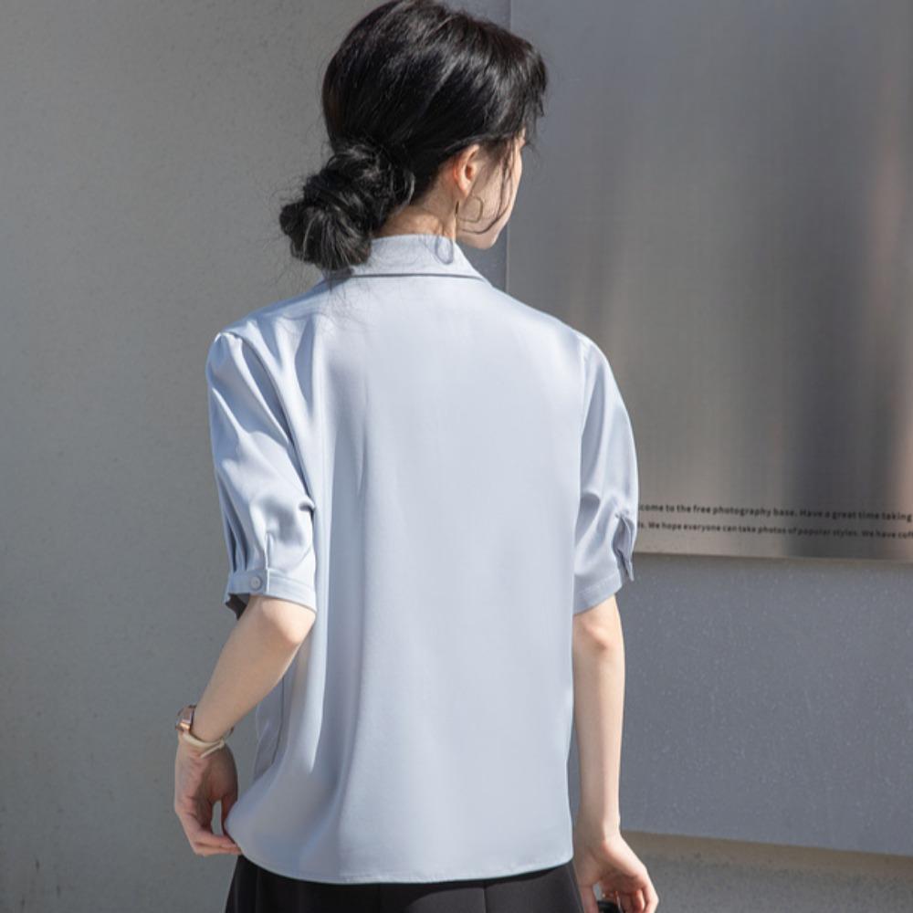 GMXIA Women's Blue Shirt Female Short-sleeved Summer Thin Professional Temperament Medium-sleeved Anti-wrinkle Non-iron Blouse Tops