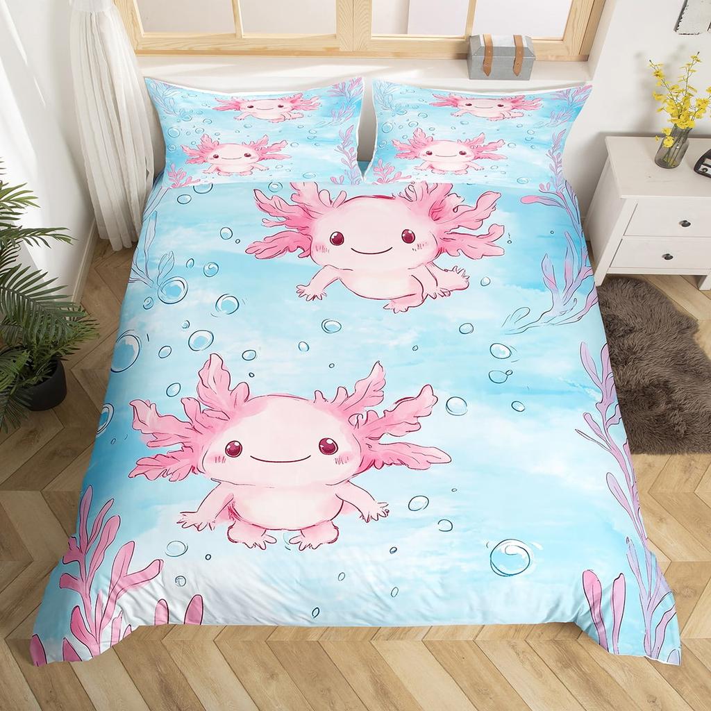 Comforter Kawaii Axolotl Full For Kids Boys Girls Room Decorpink Cute Cartoon Animal Bedding Set Sea Coral Shell Soft Warm