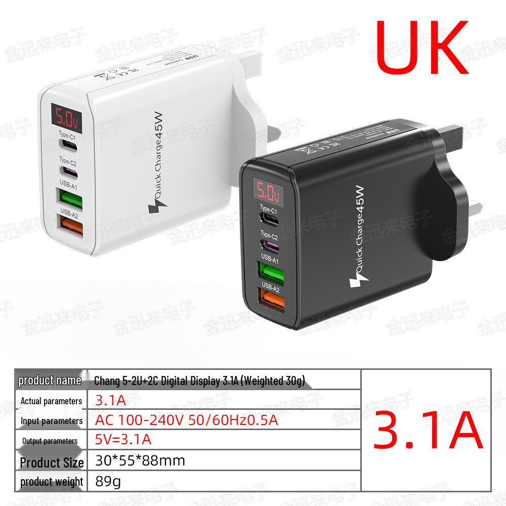 45W Multi-Port Charger with Digital Display - Fast Charging for EU/US/UK Mobile Devices
