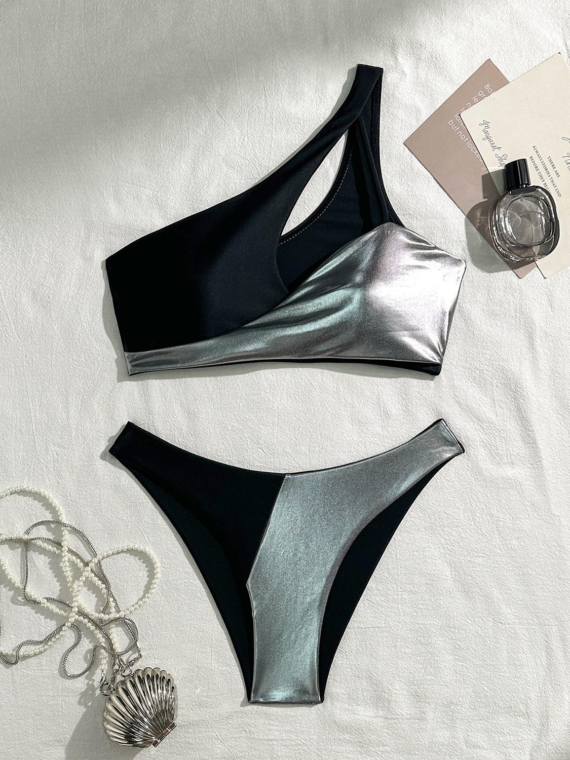 European and American sexy split patchwork gold-foil swimsuit, bikini bikini S серебряный