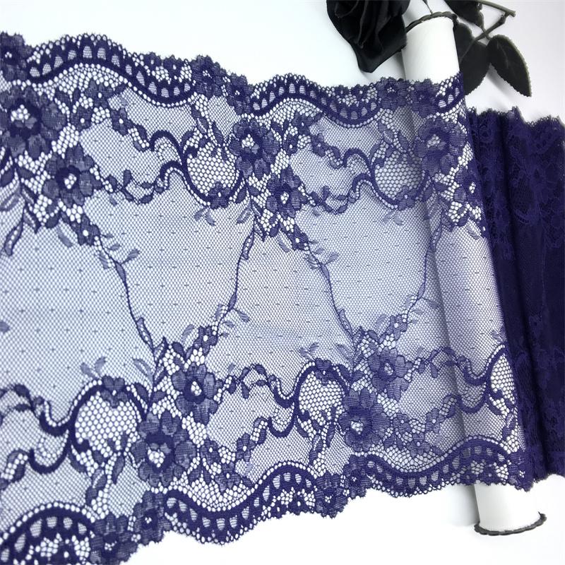 23cm Wide Dark Blue Floral Elastic Spandex Mesh Lace Fabric for Lingerie, Bra, Underwear, Garment, Sewing & Crafting