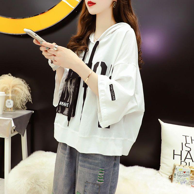 Summer Letter Printing Hoodies Women Round Neck Short Sleeve Drawstring Short Pullovers Ladies Korean Style Casual Top