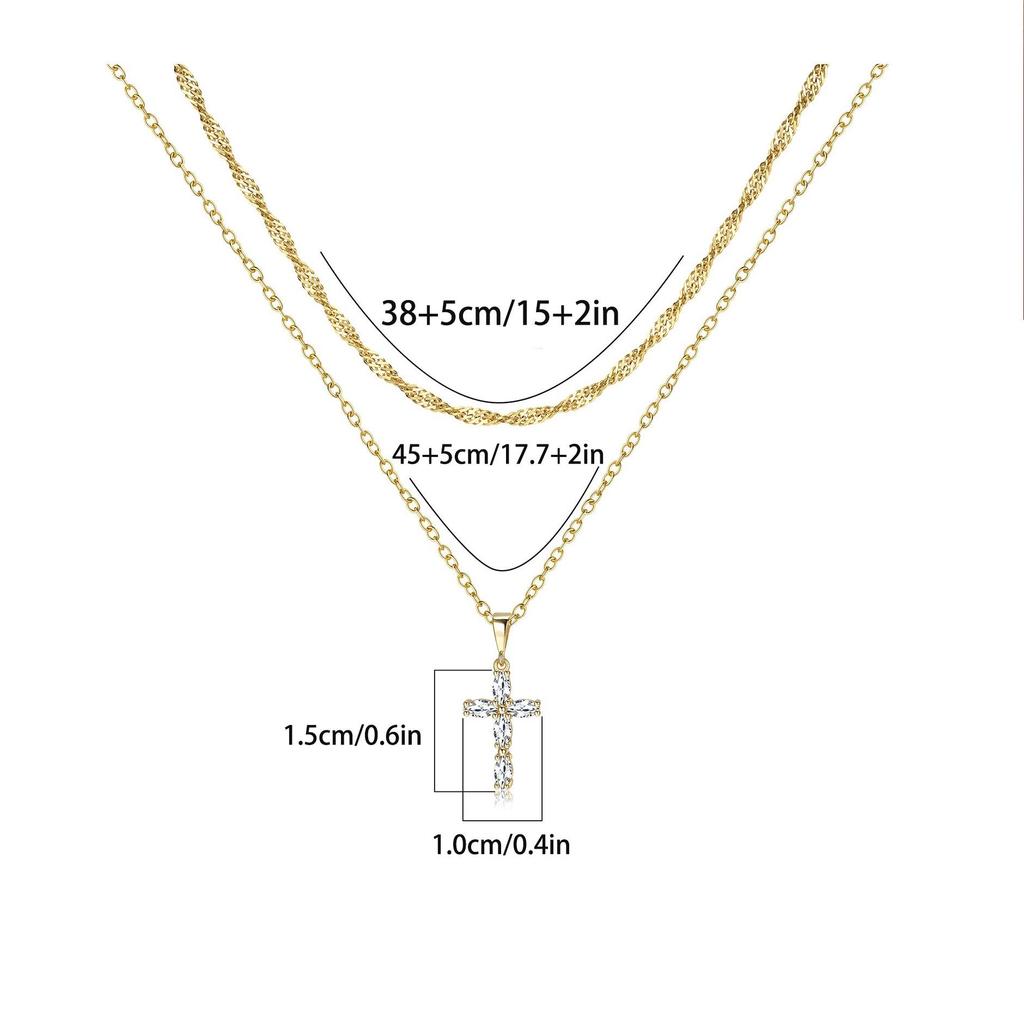 Eco-friendly 18K Gold Double Layer Cross Necklace with Marquise Zircon Water Wave Chain
