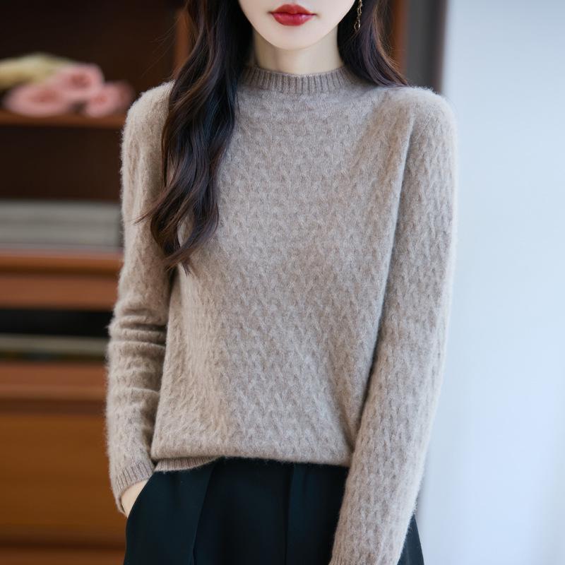 Women's 100% Pure Wool Wheat Ear Pattern Base Layer Top - Plus Size, Stylish Autumn/Winter 2025 Sweater