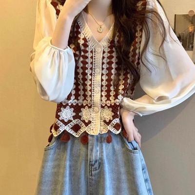 Gebreid vest met hoge taille Zonnebeschermingsshirt Bloemen Uitgehold Top voor Dames in de Lente V-hals Kort