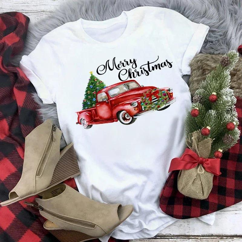 Truck SnowUnisex Family Christmas TShirt Womens Short Sleeve Cute Casual Top Cartoon SnowUnisex with Santa Hat Print