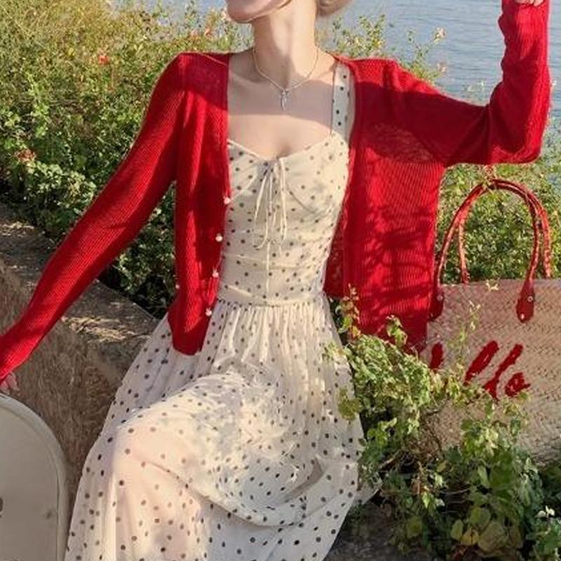 

Модный верхний повседневный кардиган из ледяного шелка, летняя тонкая женская вязаная шаль, куртка от солнца, элегантный простой топ с длинным рукавом свободного кроя One size красный