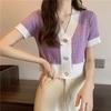 Women's Retro V-Neck Short-Sleeve Knit Top - 2022 Summer Korean Style, Loose Fit, Trendy Design