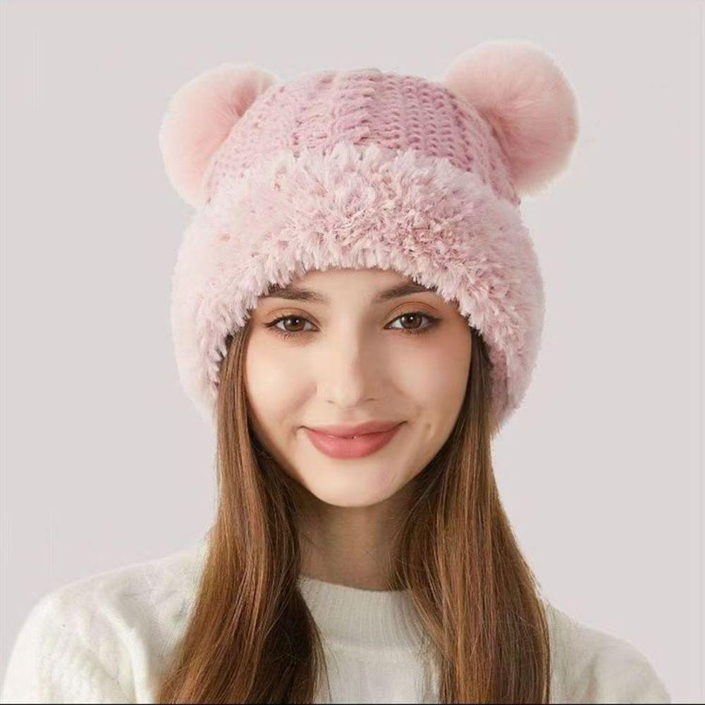 Bear Ear Design Beanie Hat Solid Color Ski Cap Cute Knitted Hat