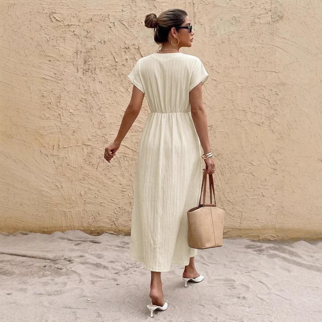 2026 European and American Women's Clothing, Summer New Solid Color V-neck High-waisted Dress Casual Daily Vacation Style