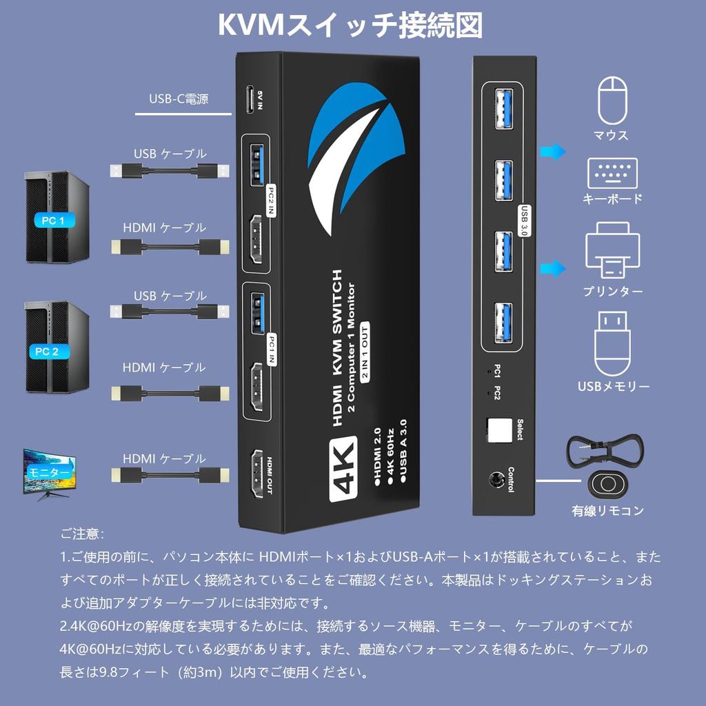 KVM Switch with 2 HDMI Inputs and 1 Output for 2 PCs, with Remote Control, Switches Between 2 PCs and 1 Monitor, 4K@60Hz, 4 USB 3.0 Ports, 5Gbps High-