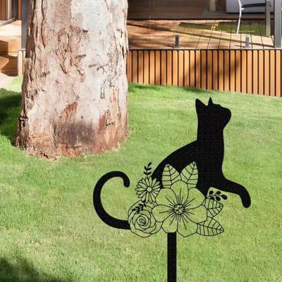 Yousheng Cat Metal Decorative Garden Stake Black Cat Flowers Silhouette Statue for Outdoor Yard Patio Lawn Decor