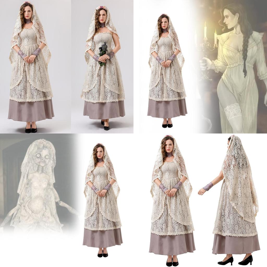 Chic Lace Long Gown With Hood And Accessories For Halloween Female Costume