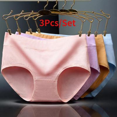 3 Pcs Women Panties Plus Size Mid-waist Solid Color Underwear Mid-waist Cotton Briefs