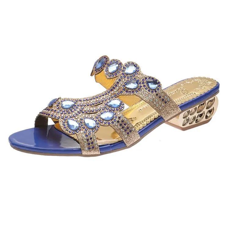 Slippers Women Mom's Shoes Outwear Low Heel Sandals Women's Rhinestone Thick Heel Slippers Size 42 Large Slippers Women Shoes