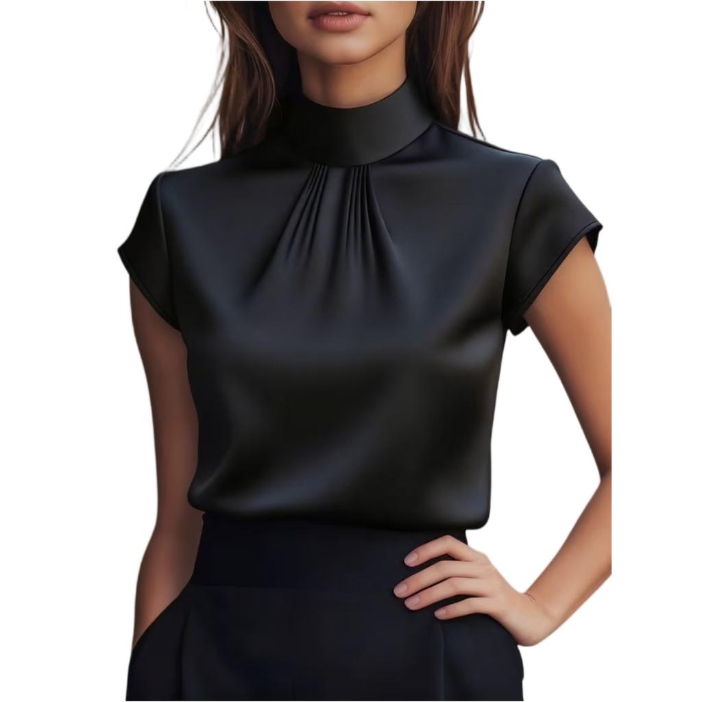 Fashionable Women's Satin Short,sleeved Shirt With Pleated Design