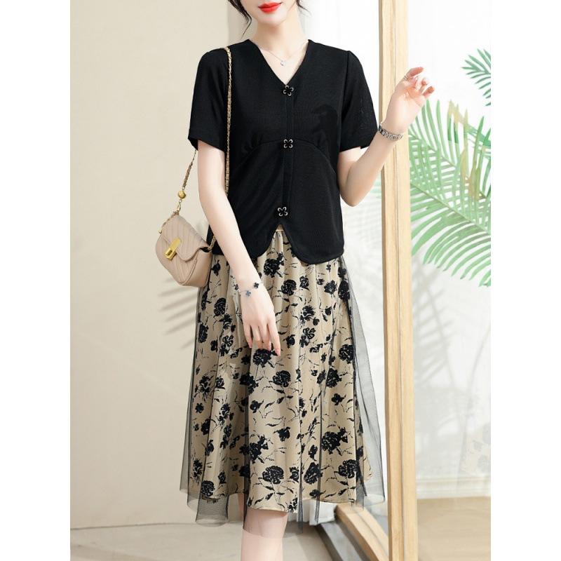 Middle-aged printed fashion suit mesh skirt summer dress new mother French slim temperament two-piece dress