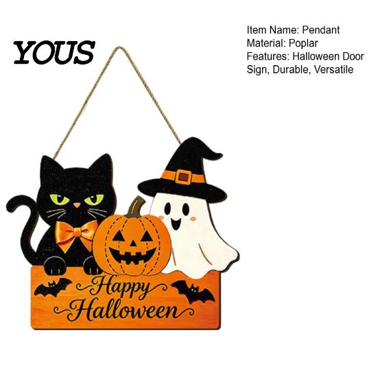 Solid Wood Festive Hanging Sign Halloween Door with Hemp Rope Lanyard, Pumpkin Ghost Printed Decoration for Friends Plaque, Wooden Front Wall