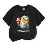Kids Boys Girls Crew Neck Short Sleeve 100% Cotton T-Shirt, Cute Yellow Cartoon Character Hold Ice Cream Print Casual Soft Breathable Summer Tee Tops