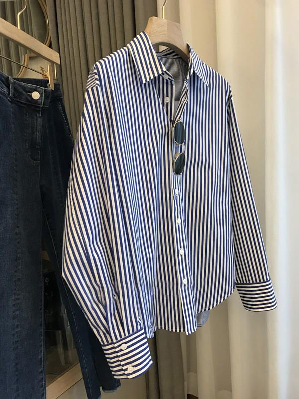 Kadınlar için Şık Mavi & Beyaz Çizgili Uzun Kollu Gömlek - Şık Sonbahar Tasarımı