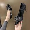 High Heels Women's Bow Mesh Fine Heel New Rhinestone Wedding Shoes Black French Small Fragrant Pointed Single Shoes