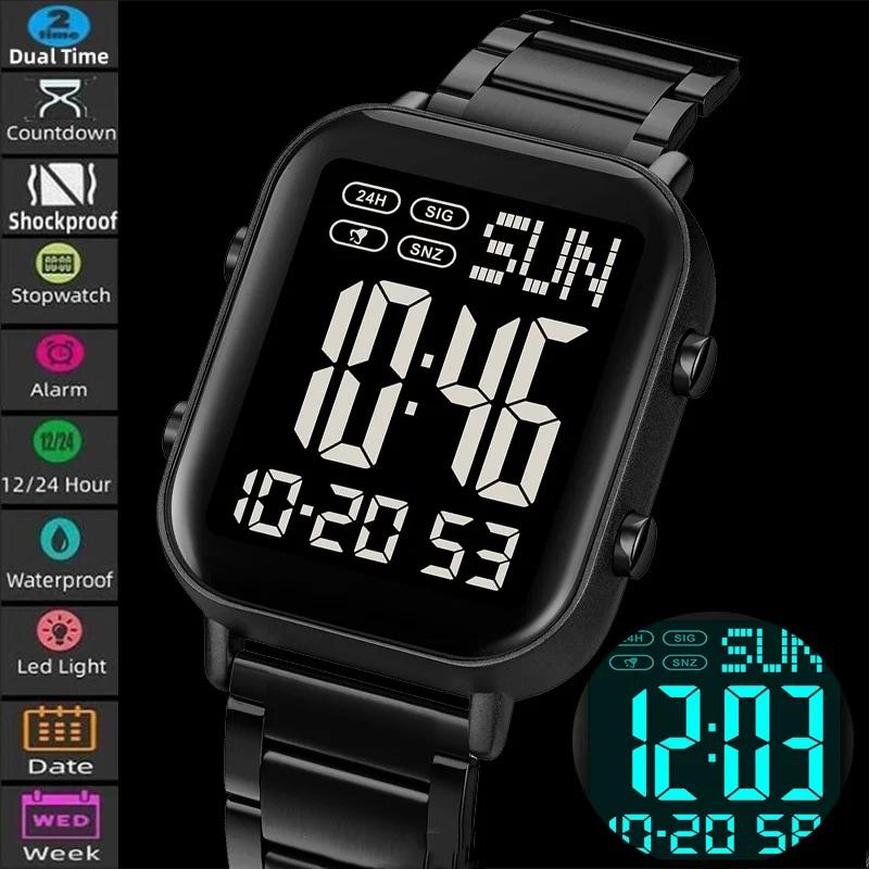 Digital Watch for Men Waterproof Sport Electronic Wristwatch EL Display Stainless Steel Watches