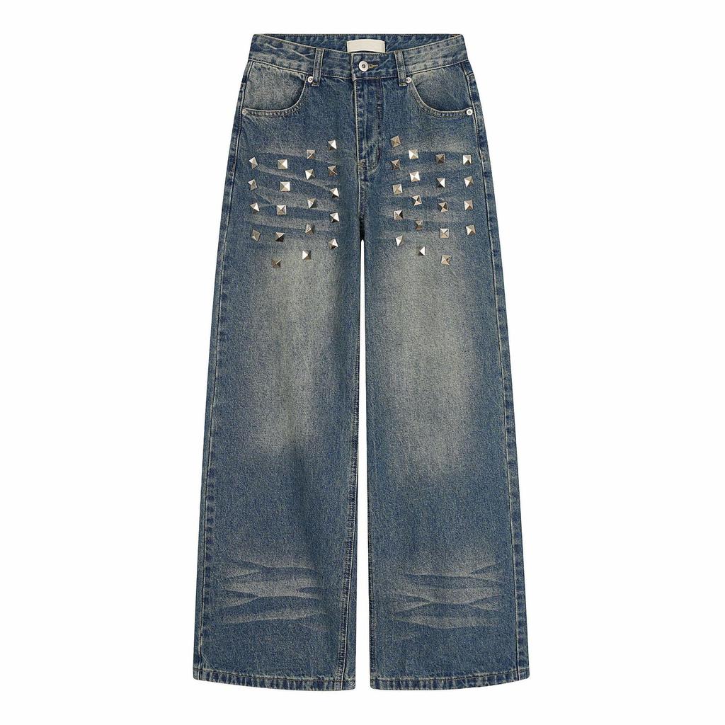 Unisex Retro Washed Wide-Leg Rivet Jeans: Loose, Trendy Floor-Length Pants
