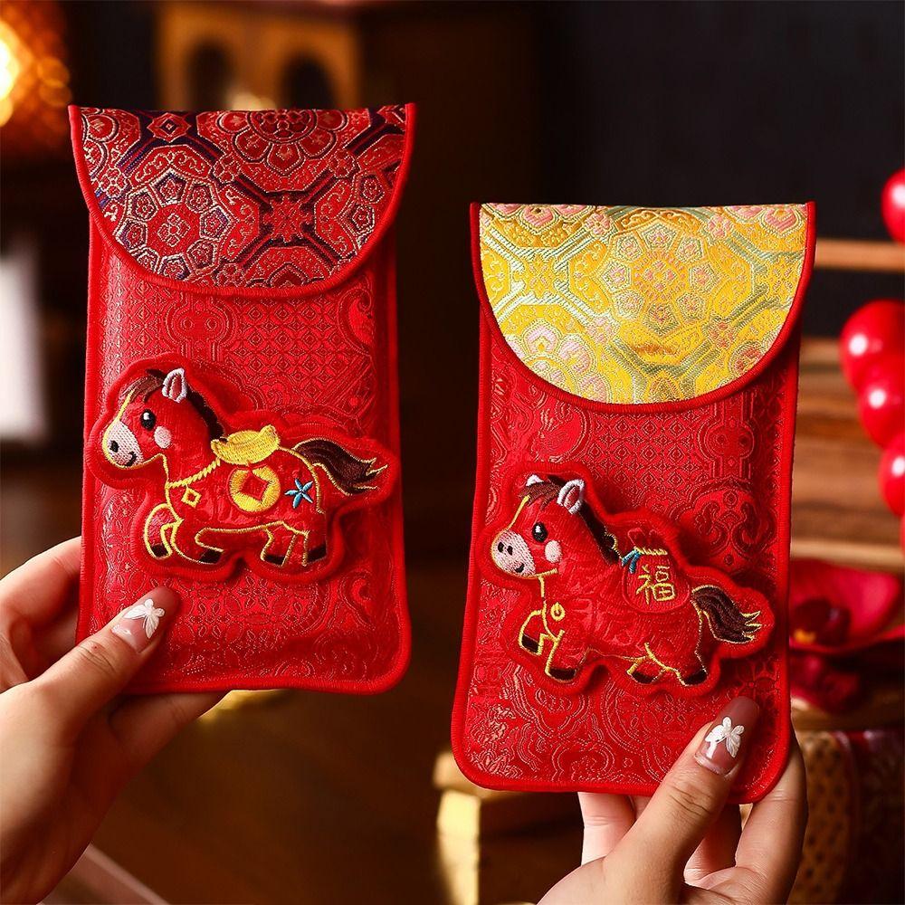 Chinese Style Cloth Red Envelope Cartoon Traditional Red Pocket Best Wishes 2026 Year of The Horse Gift Envelopes Kids Gift
