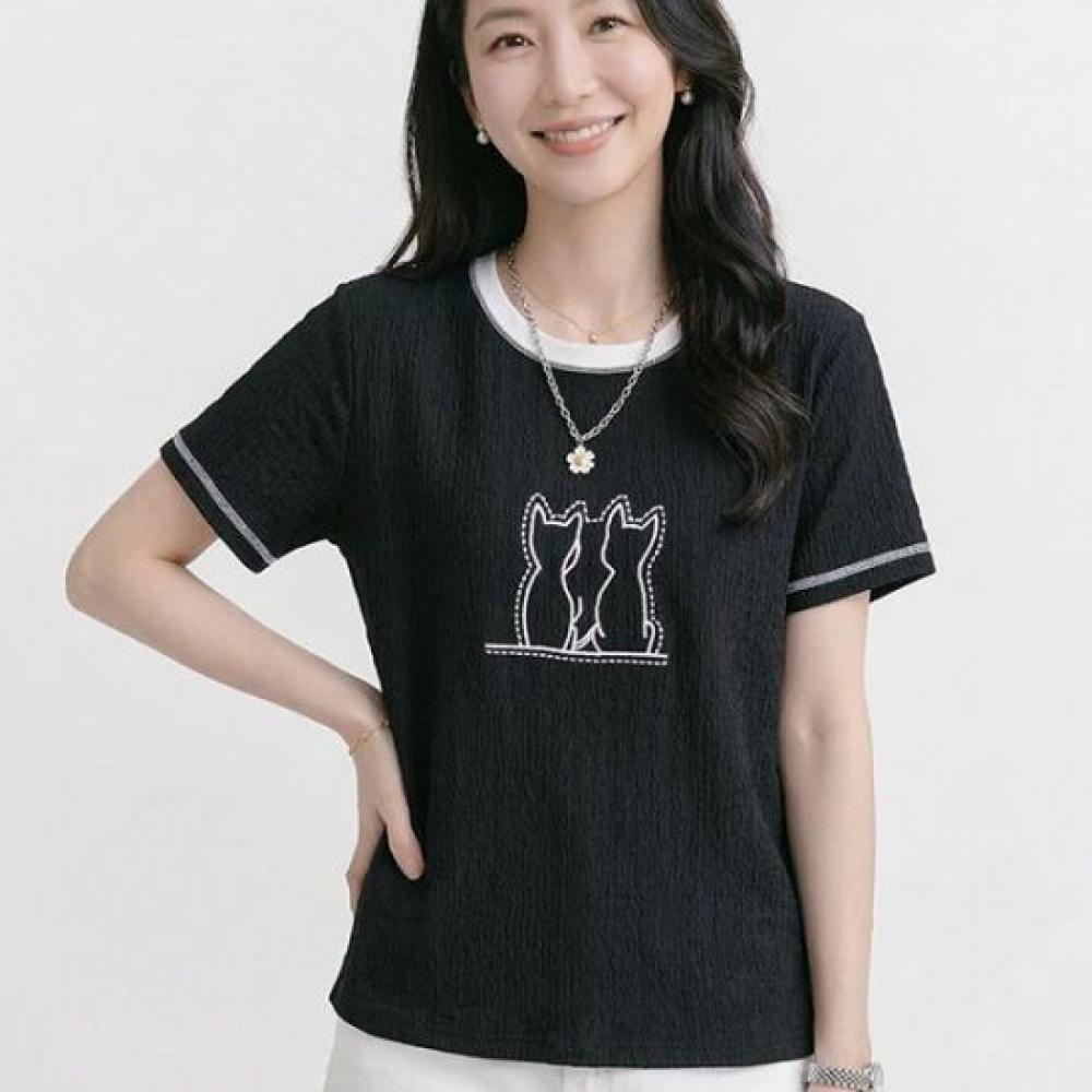 Navava Women CaT PrinTing Color Block Round Neck ShorT Sleeve T shirT nT3274
