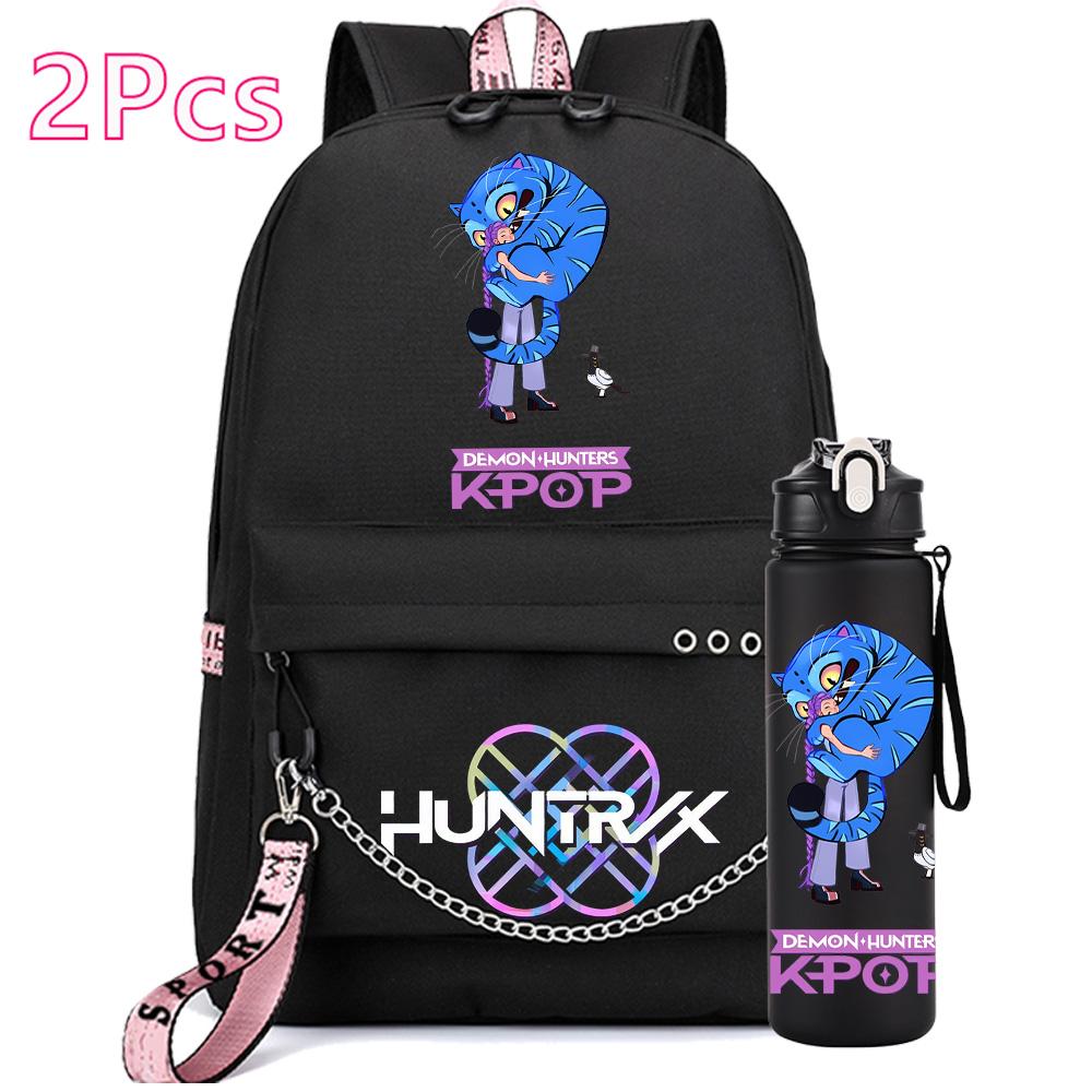 2Pcs/set Anime K-Pop Demon Hunters Printed Backpack with 750Ml Water Bottler for Teenager Girl Boy Large Capacity Waterproof Bookbag Gift
