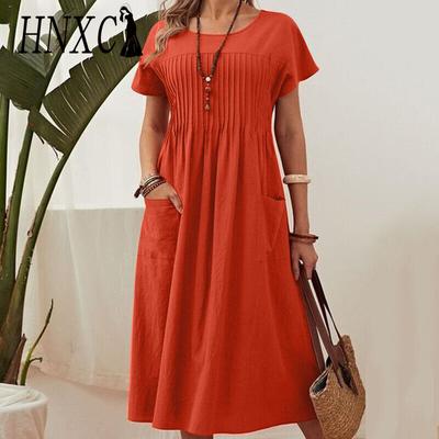 HNXC Abito Estivo Donna Taglie Forti Lungo Monocolore Cotone Lino Girocollo Tasche Pieghettato Manica Corta