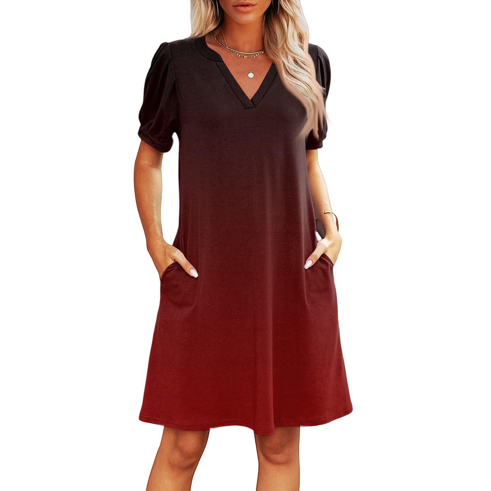 

Женские летние повседневные пляжные платья с V-образным вырезом, платья с коротким рукавом-подом с градиентным принтом S красный