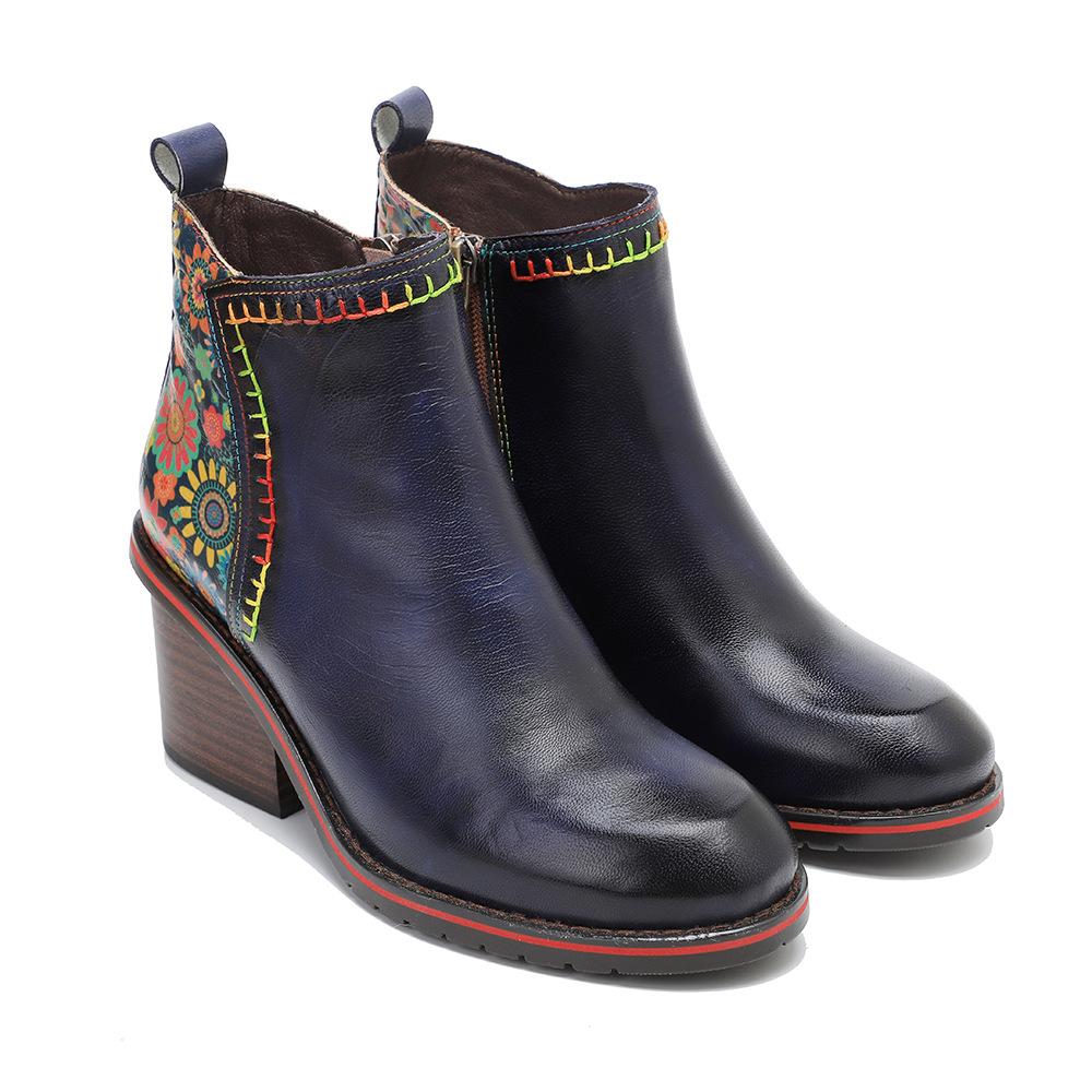 Johnature Genuine Leather Women Shoes Thick Heeled Short Boots  Round Toe Patchwork Handmade Ankle Boots