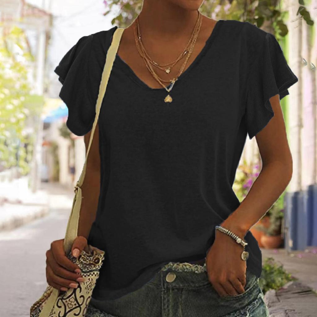 Women's Summer Basics T-Shirt Ruffled Sleeves Color Fashion V Neck Short Sleeve Loose Top