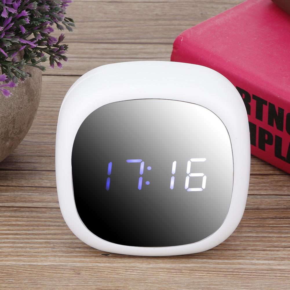 Household Multi Functional LED Alarm Clock Desktop Makeup Mirror Surface Digital Mute Clock for Bedroom(White )