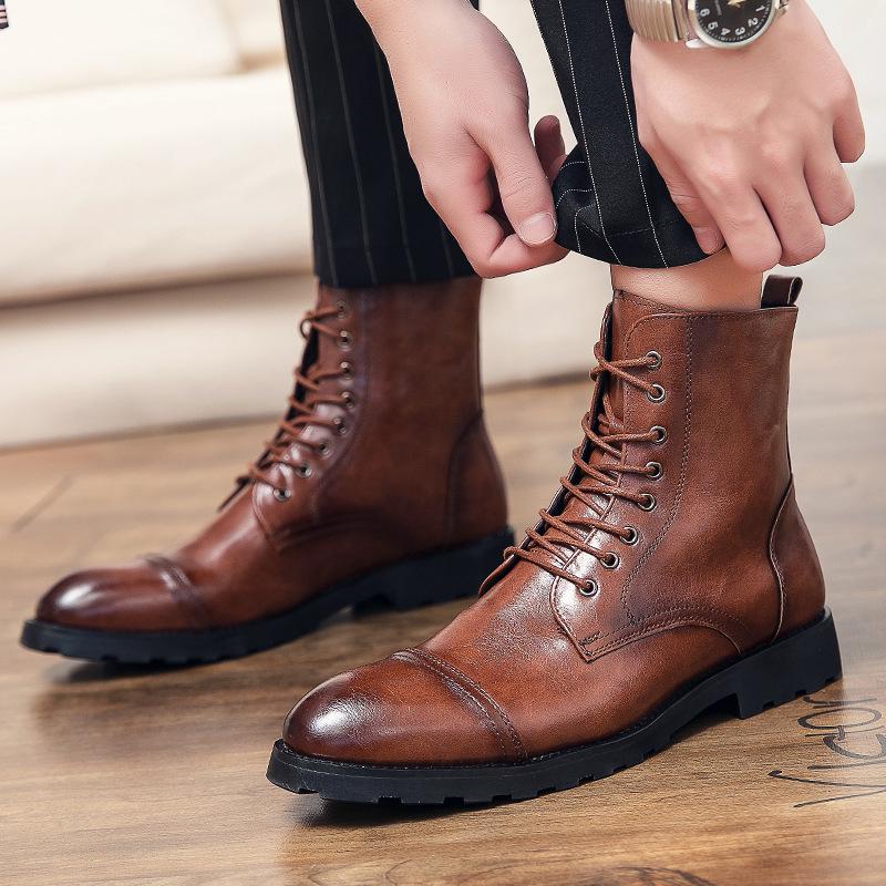 British High-Top Men s Brogue Leather Boots - Pointed Toe Casual Ankle Shoes 42 коричневый