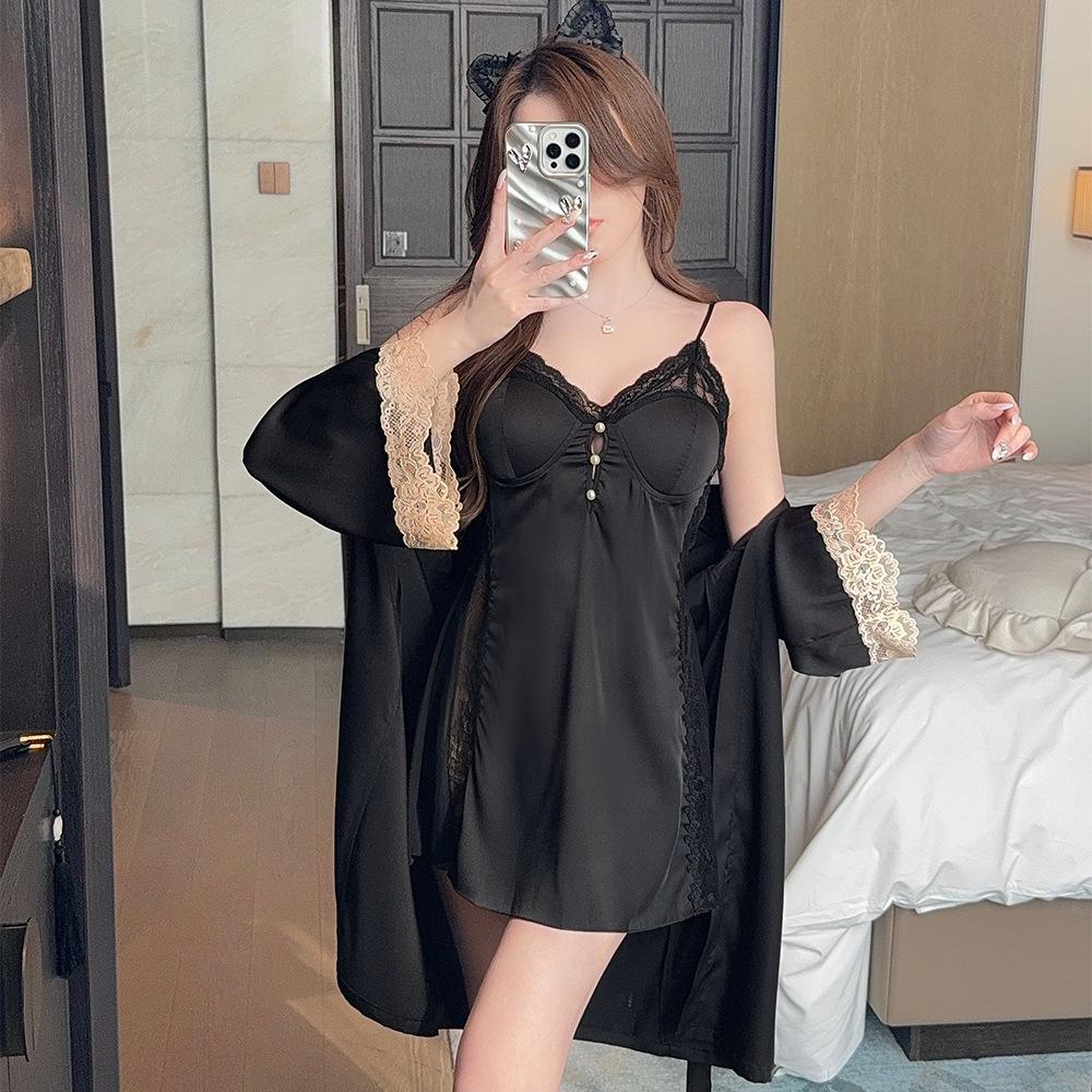 Sexy Pajamas Women's Summer Ice Silk Pajamas with Chest Pads, New Lace Suspender Nightgowns, Two-piece Silk Loungewear