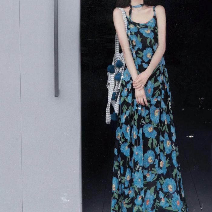 Синее цветочное летнее платье-камзол без рукавов в французском стиле для женщин S for 79-99 lbs